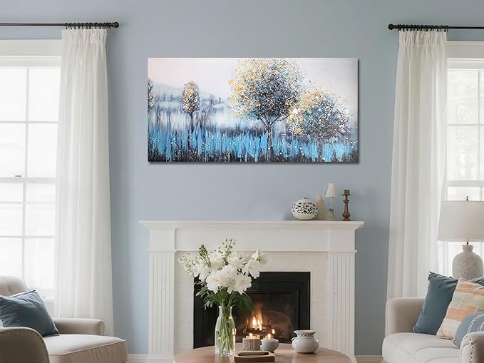 Arjun Tree Wall Art Canvas Teal Landscape Painting Blue Forest Textured Picture Modern Panoramic Abstract Nature Artwork Large Size Framed for Living Room Bedroom Bathroom Home Office Wall Decor