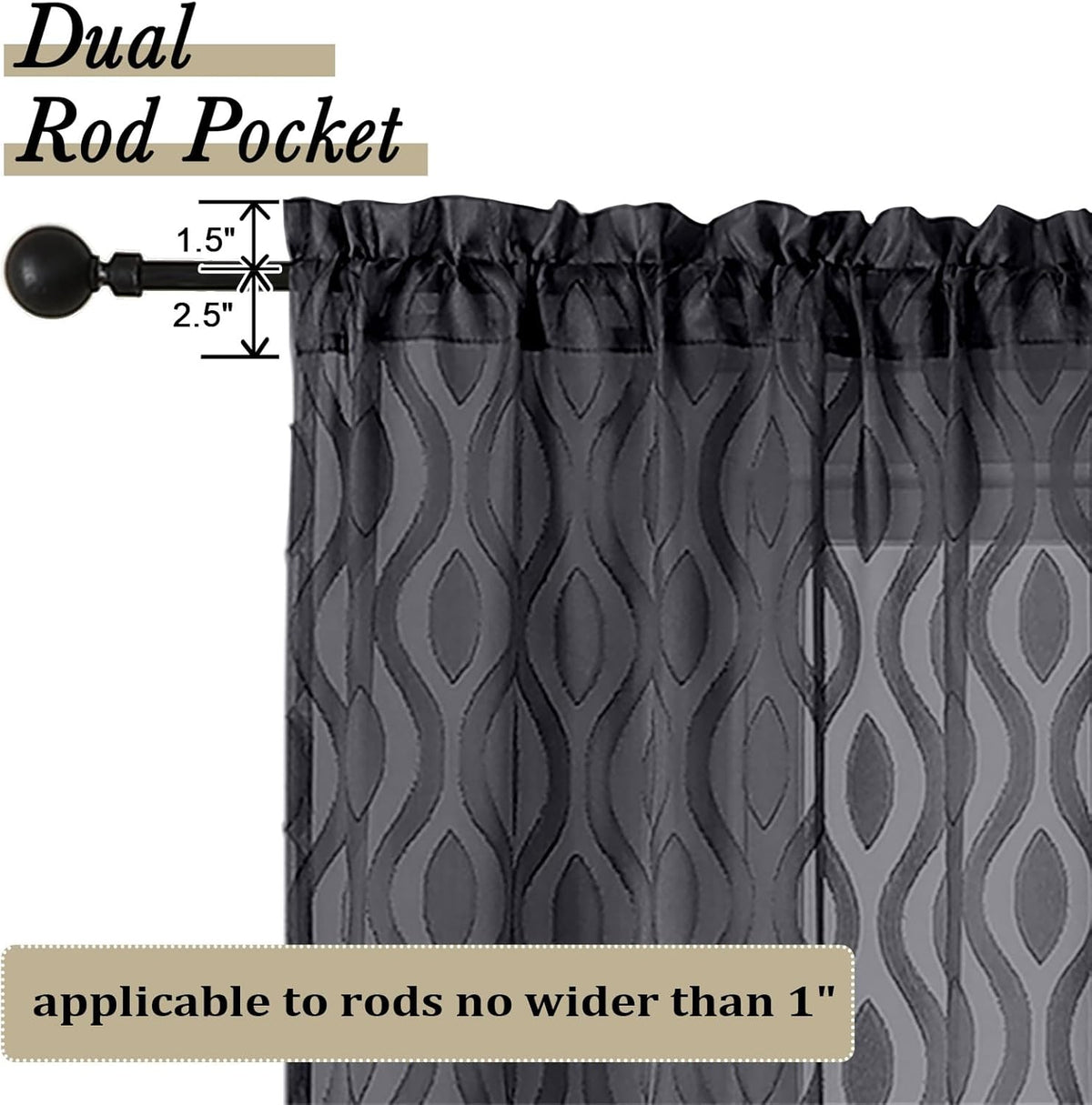 Aiyufeng Sheer Black Curtains 84 Inches Long 2 Panels, Solid Airy Light Filtering Clip Jacquard Window Treatments for Bedroom Living Room, Modern Wavy Line Rod Pocket Curtains, Total 80 inches Width