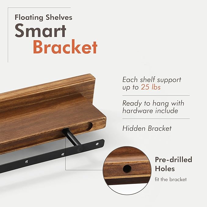 GRID FORTE Wood Floating Shelf Set of 2, 4.5D x 15W Inch Modern Reversible Wall