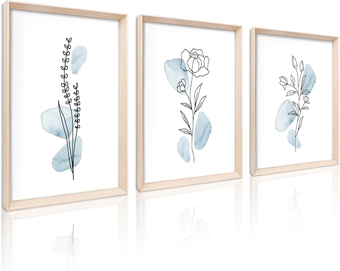 HesenDot Framed Blue Floral Canvas Wall Art, Minimalist Botanical Wall Art Decor