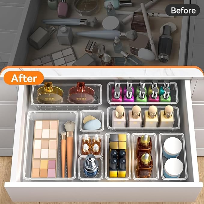 WOWBOX 16 PCS Clear Plastic Drawer Organizer Set, 4 Sizes Desk Drawer Organization and Storage Containers for Makeup, Cosmetics, Jewelry and Gadgets in Kitchen, Bathroom, Bedroom, Office, Clear