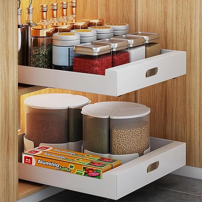 21'' Deep Pull Out Cabinet Organizer, 10'' Wide Carbon Steel Adhesive Slide Out Drawer, Pantry Storage Shelves for Kitchen, Bathroom and Living Room, 2 Pack