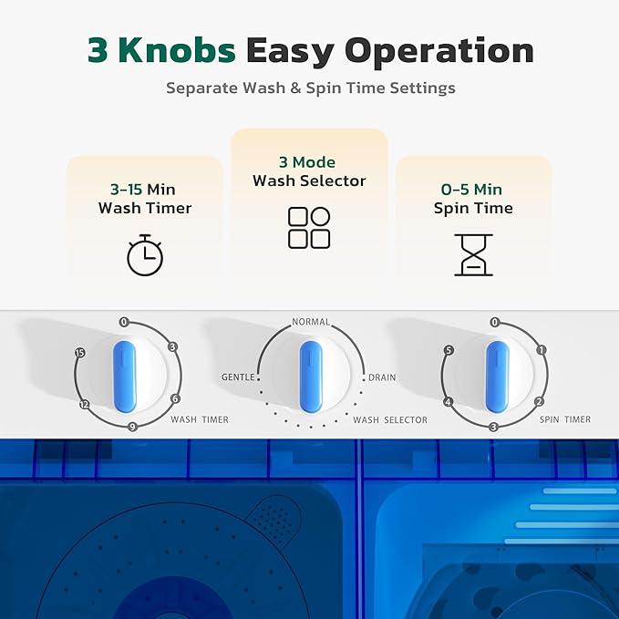 Greenvelly Portable Washing Machine, 28 Lbs Capacity Twin Tub Washing Machine, 18lbs Washer and 10lbs Spinner Combo, Compact Laundry Washer for Apartment,Camping, RVs and Dorms, Blue+White