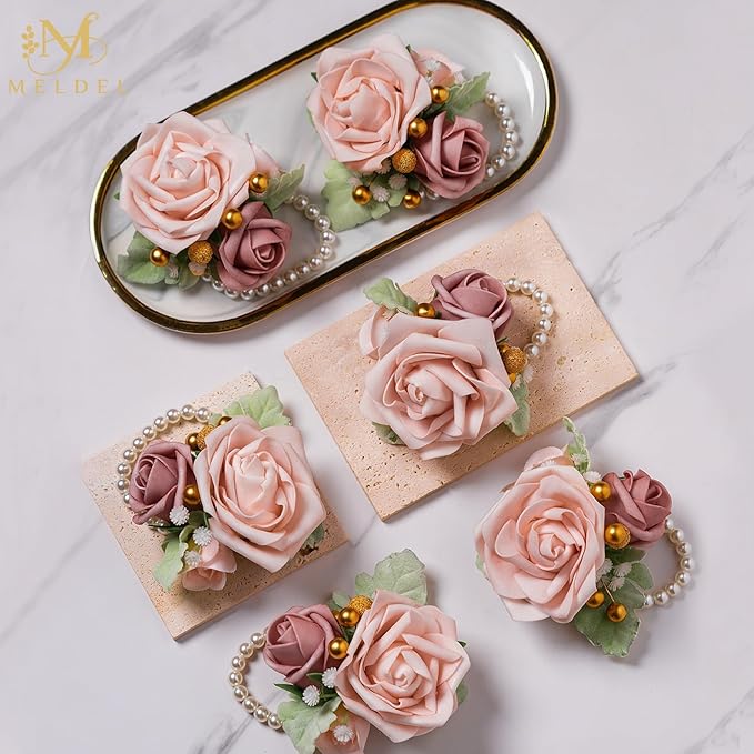 Meldel Dusty Pink Wrist Corsage,Set of 6, Homecoming Wrist Flower Girl/Mother Corsages Wristlet Perfect for Bride Bridesmaids Wedding Guests Hand Flower, Proms, Party, Ceremony Anniversary