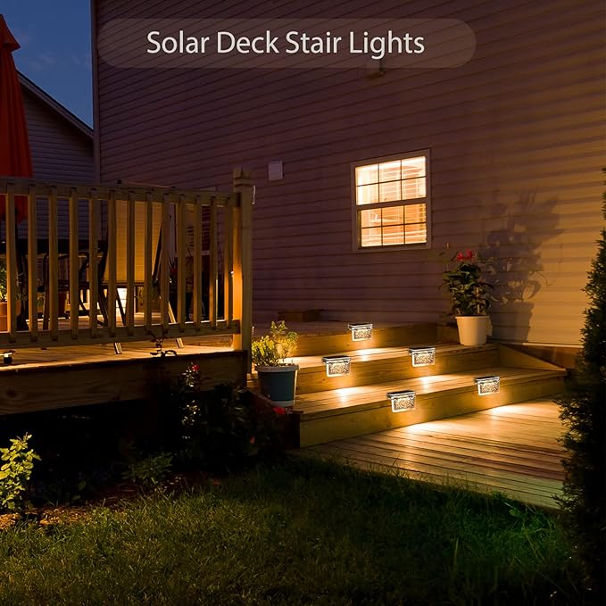Qualdout Solar Deck Lights 8 Pack, Solar Step Lights IP65 Waterproof Solar Powered Outdoor Led Lights for Fence Railing Wall Pool Stair Yard Garden Patio Pool Decorations (Warm White)