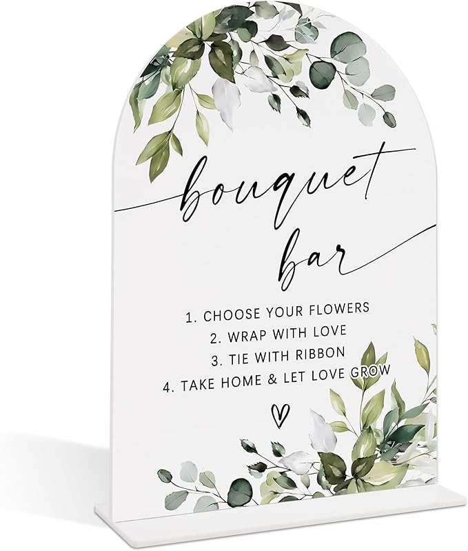 Wedding Signs for Reception, Green Leaves Bouquet Bar Sign, Wedding Reception Signage, Bridal Shower Table Decorations with Base, Bouquet Bar Supplies for Bridal Shower Events and Ceremony, 05