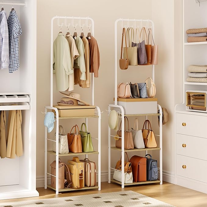 Sturdy Purse Organizer with Thick Wood & Purse Hanger, Floor-Standing Purse Rack Stand for Purse Storage, Narrow & High-Capacity Handbag Organizer, Purse Storage Organizer for Small Place