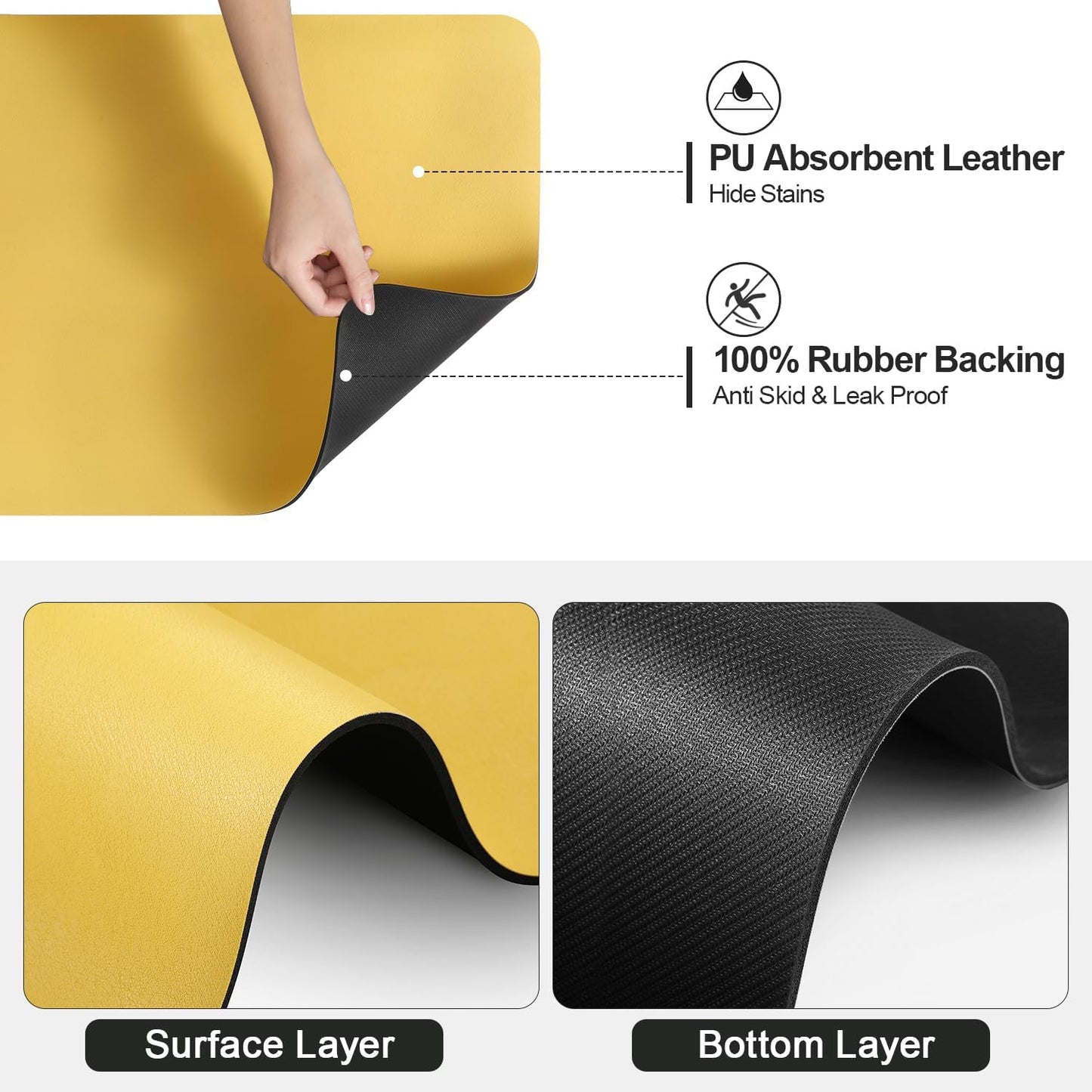 Dish Drying Mat for Kitchen Counter | Coffee Bar Mat for Countertops | Heat Resistant Drainer Mat with Non-slip Rubber Backed | Hide Stain Kitchen Absorbent Draining Mat | Yellow 16"x18"