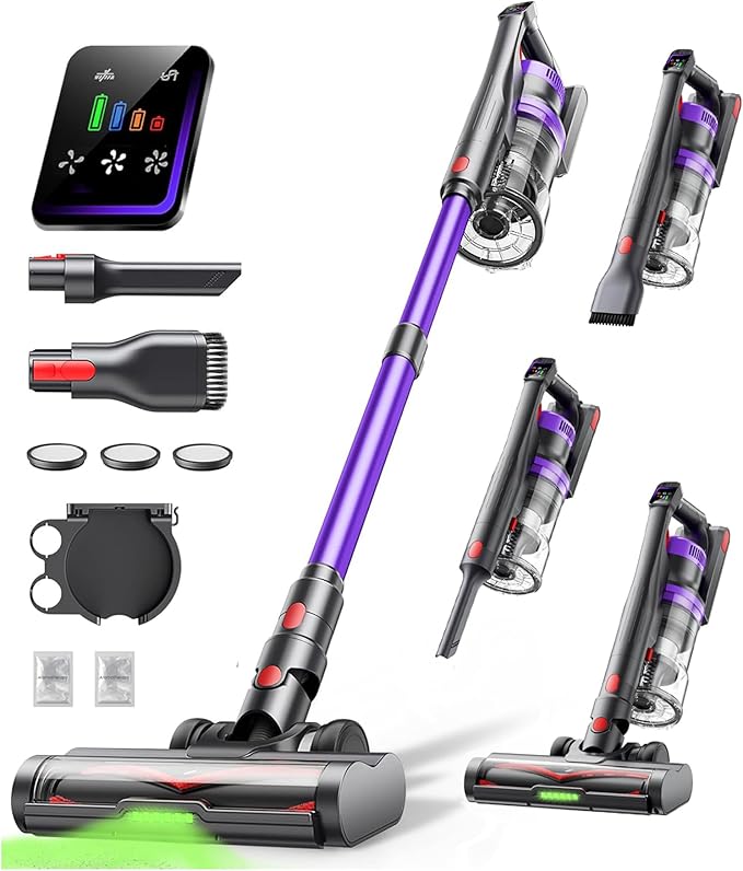 Cordless Vacuum Cleaner, 45KPa 600W Powerful Stick Vacuum for Home, 60Mins Runtime, 1.8L XL Dust Cup One-Touch Empty, Green LED Anti-Tangle Brush & Fragrance, for Pet Hair Carpet Hard Floor