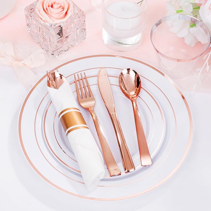 DaYammi 350PCS Rose Gold Plastic Dinnerware Set for 50 Guests, Plastic Plates for Party Include: 50 Dinner Plates, 50 Dessert plates,50 Pre Rolled Napkins with Rose Gold Silverware,50 Cups for Wedding