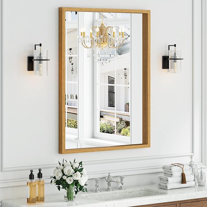Syndra Natural Wood Frame Bathroom Mirror, 30x40'' Modern Vanity Mirror