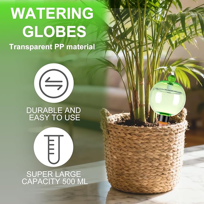 6 Pack Self Watering Globes 17oz Large Plant Watering Globes Top Fill, Self Water Planter Insert Indoor/Outdoor Plastic Water Bulbs Slow Release Terracotta for Plants, Green