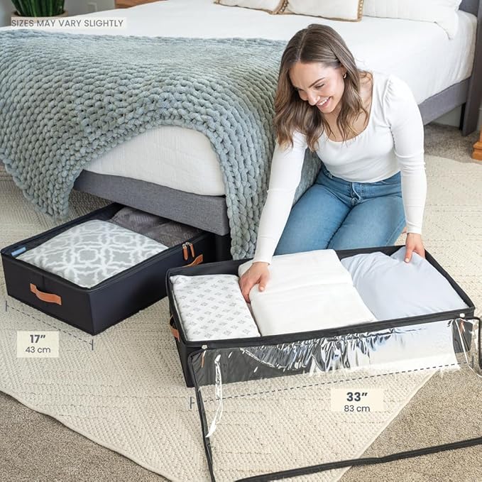 OrganiHaus Under Bed Storage Containers, Bedroom Storage and Organization Bins, Clothes Organizer for Closet with Clear Cover and Reinforced Handles - Set of 2 33x17x6 inches Black