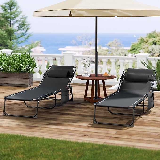 EBE Outdoor Lounge Chair Set of 2, Portable Patio Sun Tanning Chair with 4-Position Reclining Back, Pool Chaise Lounge Chair with Detachable Pillow and Side Pocket for Beach, Poolside, Black