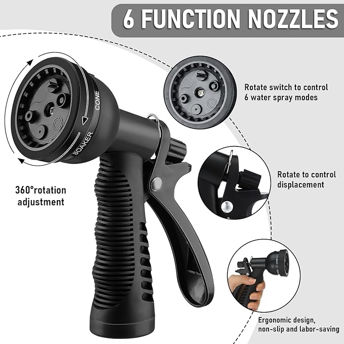 Pangda 100 Ft x 3/8'' Coil Garden Hose EVA Recoil Garden Self Coiling Expanding Water Hose with 6 Function Spray Nozzle Universal 3/4'' Brass Connector Fitting for Outdoor Yard(Black)