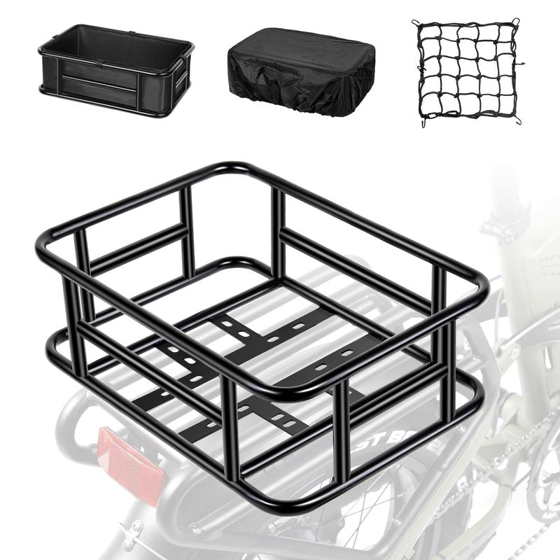 PIREKZUNT Bike Basket, 18"X13"X6" Ebike Rear Basket with Liner,Waterproof Cover,Cargo Net Large Rear Removable Metal Bike Basket, Heavy Duty E Bike Rear Basket
