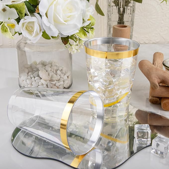I00000 200 Pack 12 oz Gold Plastic Cups, Clear Disposable Cups, Disposable Plastic Wine Glasses Cocktail Glasses Premium Cups with Gold Rim, 12 Ounce Tumblers for Party & Wedding