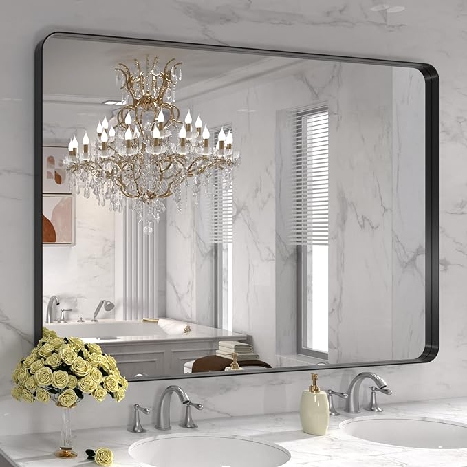 LOAAO 48X30 Inch Black Metal Framed Bathroom Mirror