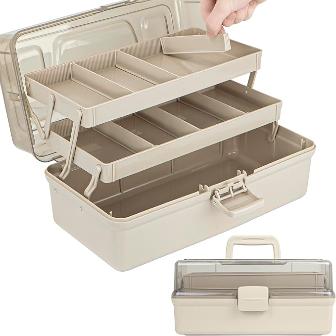 14in 3-Layer Multipurpose Craft Organizers and Storage with Adjustable Dividers, Portable Tackle Box, Folding Art & Craft Case for Medicine, Tool, Sewing Organizer (Brown, X-Large)