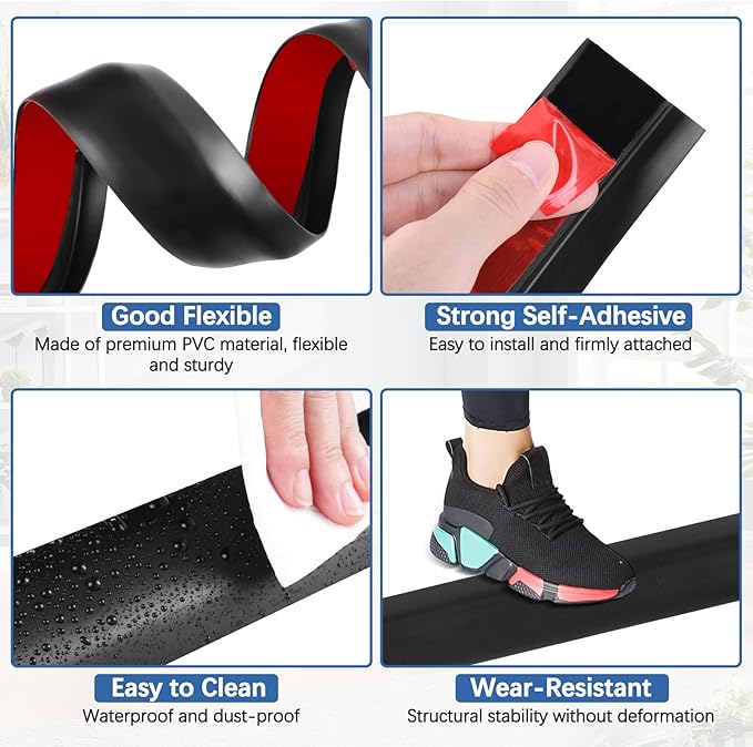Vinyl Door Threshold Flooring Transition Strip Self Adhesive Carpet Edging Strip for Laminate Doorway Edge Threshold from 1/5" to 2/5" (Black, 10 Ft)