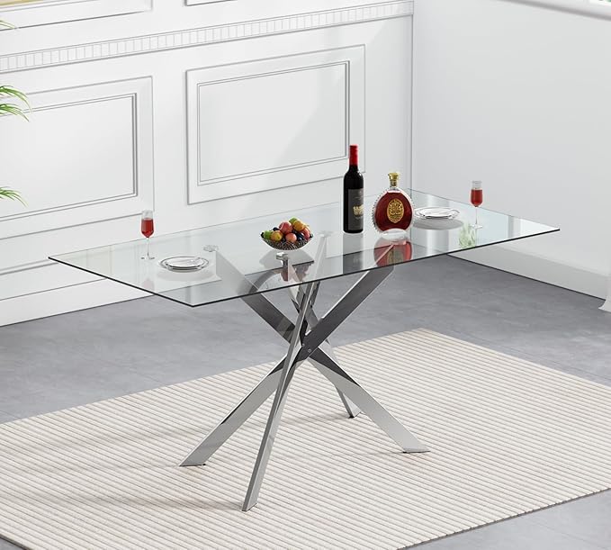 51.18" Glass Dining Table for 4-6, Dining Room Table with Clear Tempered Glass and Silver Metal Legs, Modern Rectangular Kitchen and Dining Room Dinner Table for Kitchen