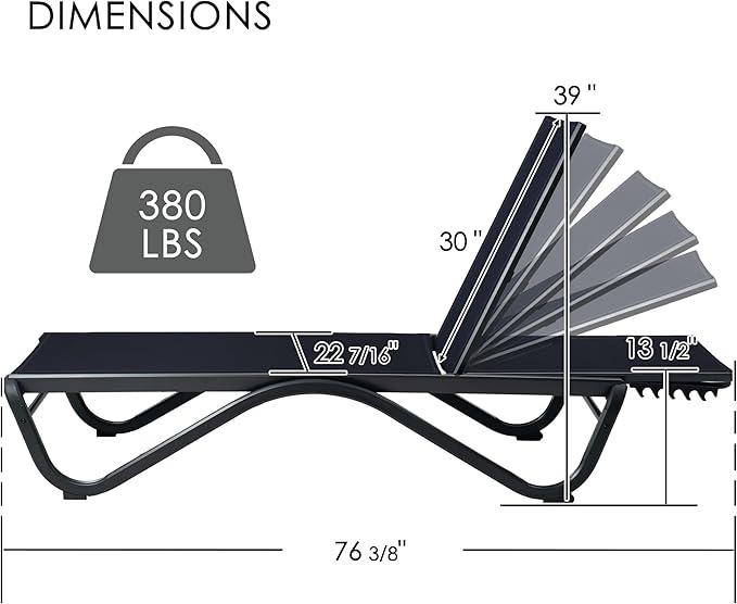 Kozyard Outdoor Chaise Lounge Chair, All Aluminum Frame and Textilene Fabric, Fully Flat Adjustable Reclining Patio Lounger for Poolside, Sunbathing & Backyard (NavyBlue)