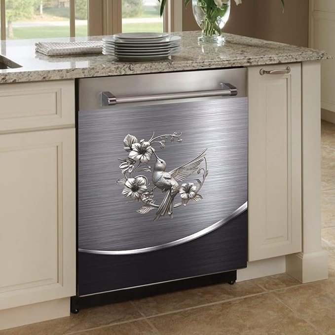 Grey Metal Silver Pattern Magnetic Dishwasher Cover Sheet Bird Flower Sticker Polishing Steelbird Dishwasher Skin Decor Silver Texture 23X17 INCH Magnet Rerigerator Kitchen Panel Decal