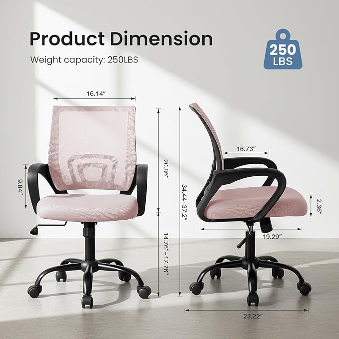 DUMOS Home Office Chair - Ergonomic Mid Back Mesh Desk Chair with Lumbar Support & Rocking Mode, Height Adjustable with Fixed Armrest, for Computer, Gaming, Meeting, 360° Swivel, Pink