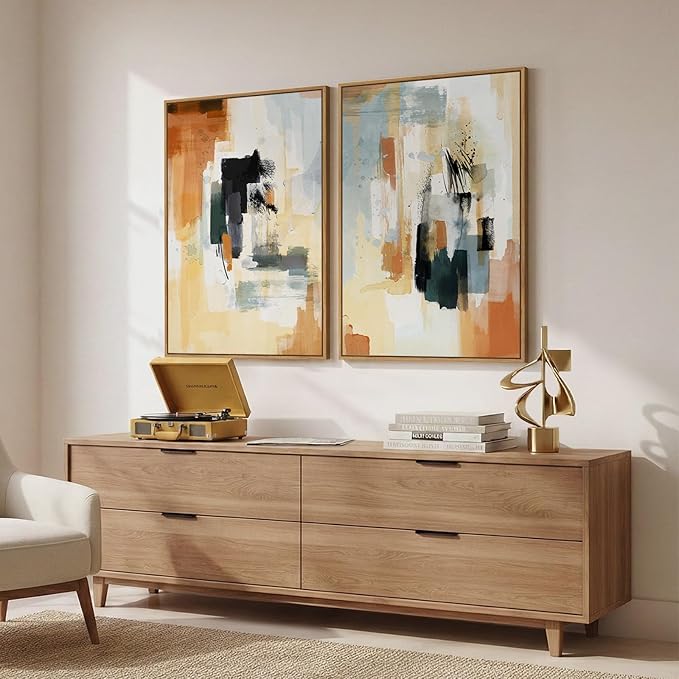 Large Framed Neutral Abstract Wall Art, Minimalist Colorful Pictures