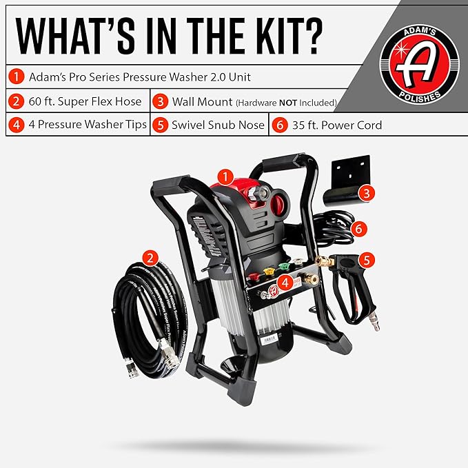Adam's Pro Series Electric Pressure Washer 2.0 - Professional Powerful Detailing Car Washing Pressure Sprayer That Includes Snub Nose, Wall Mount & Pressure Washer Tips | 1200 PSI & 1.76 Operating GPM