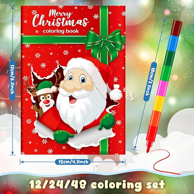 BenLouis 24 Christmas Mini Coloring Books Kids with 24 Stacking Crayons Xmas Theme Party Favors Activity Books Bulk for Kids Holiday Birthday Goodie Bag Gift Stuffer Classroom Reward