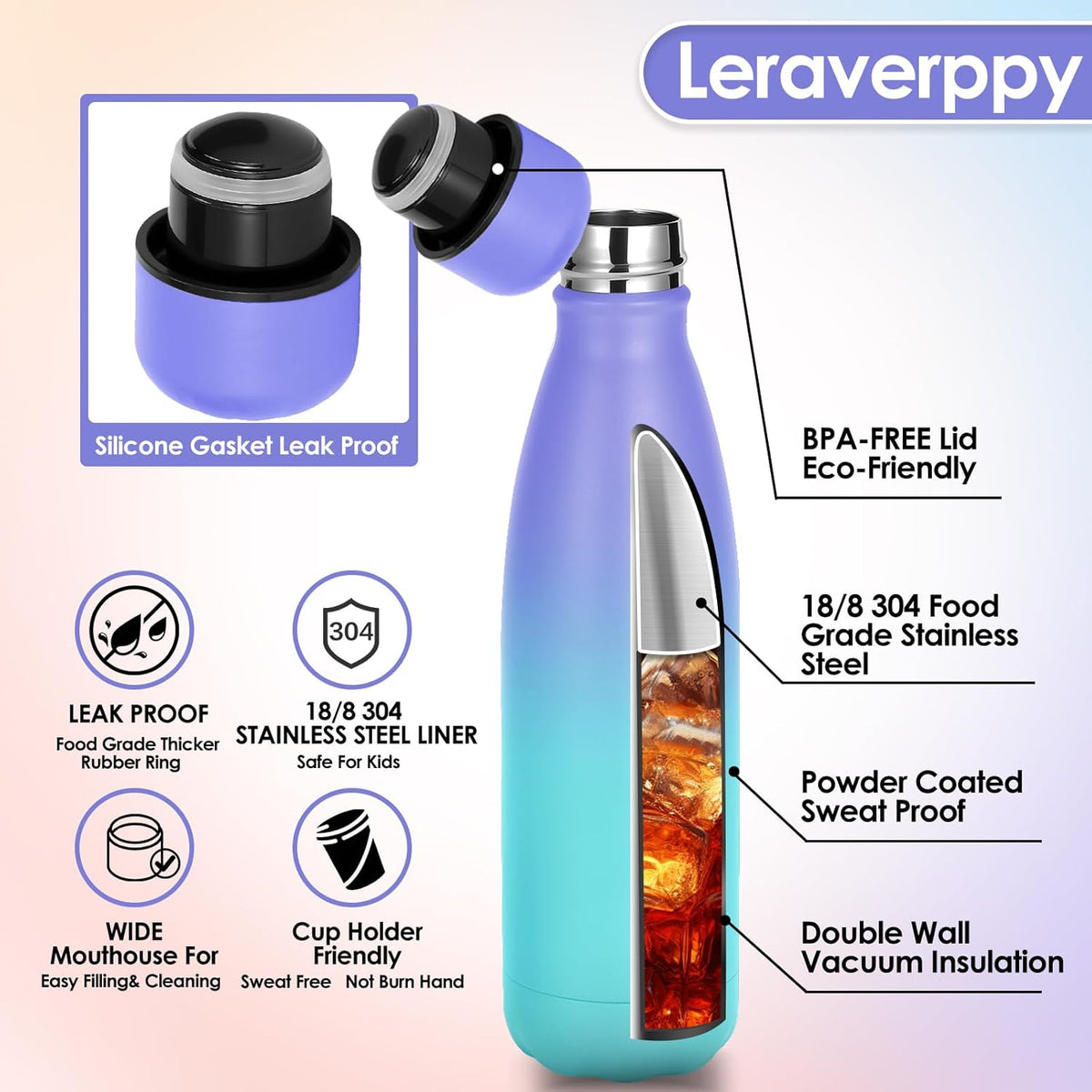 25oz Cola-Bottle Shaped Stainless Steel Leak-proof Water Bottle,Double Wall Vacuum Insulated Metal,Travel Mug For Sports Indoors & Outdoors,BPA-Free Kids Flasks,Purple Blue(1 Pack)