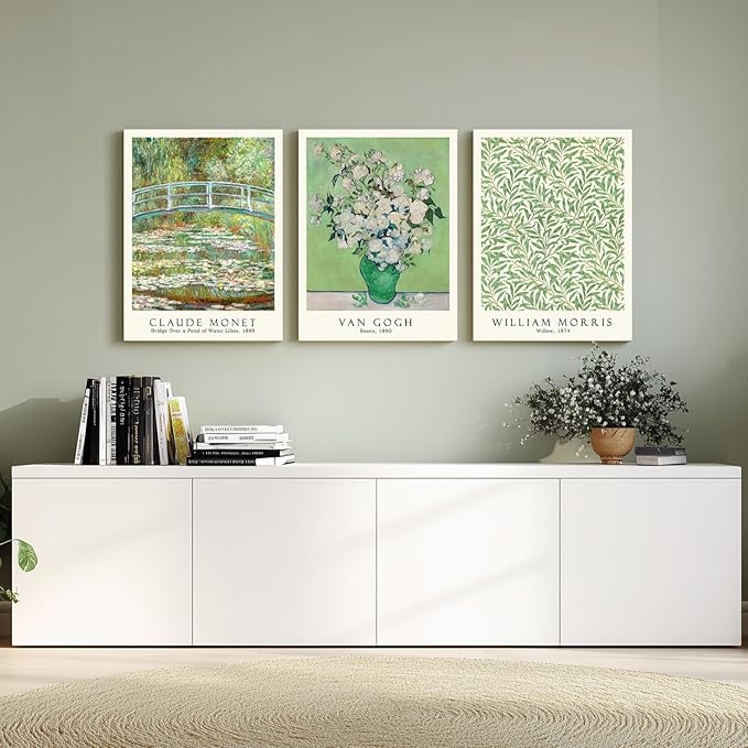 FASWQ Framed Monet Van Gogh William Morris Wall Art, Grass Botanical Wall Decor, Mid Century Impressionist Canvas Paintings, Modern Green Landscape Poster Print for Living Room Bedroom 16"x24"x3