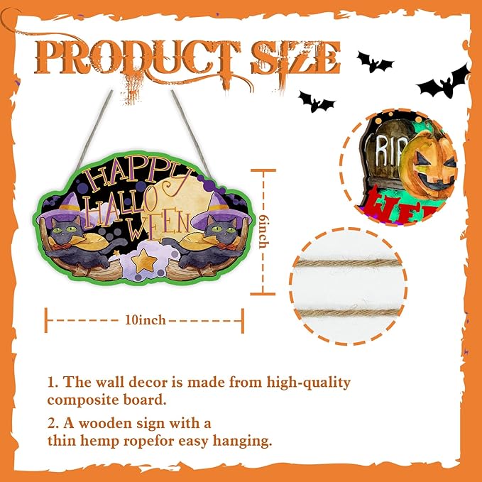 Magic Cat Halloween Sign - 6" x 10" Rustic Farmhouse Wall Decor with Jute Rope, Perfect for Halloween, Cottage, Home, Bedroom, Witch Theme, Spooky Festive Wall Art. - A03