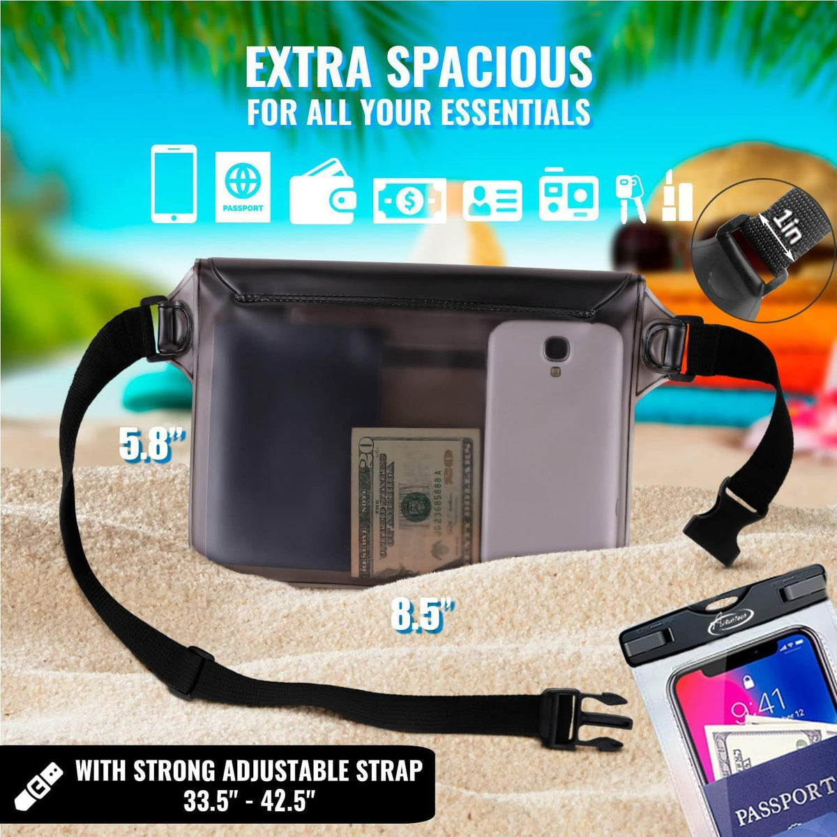 AiRunTech Waterproof Fanny Pack - IPX8 Dry Bag for iPhone 16/15/14/13/12/11 Pro Max | Includes Two Phone Cases & Waist Bags