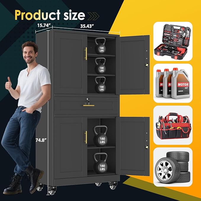 Metal Tall Storage Cabinet with Drawer, Garage Storage Cabinet with Locking Doors and 3 Adjustable Shelves, 71" H Steel Cabinets for Garage, Home, Office, Black, Assembly Required