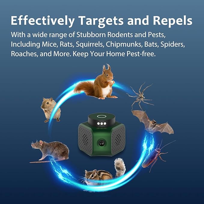 Ultrasonic Rodent Repeller Plug-in Mouse & Rat Deterrent with 3 Modes and LED Strobe Lights, Indoor Pest Control for Attic, Basement, Garage (Green)