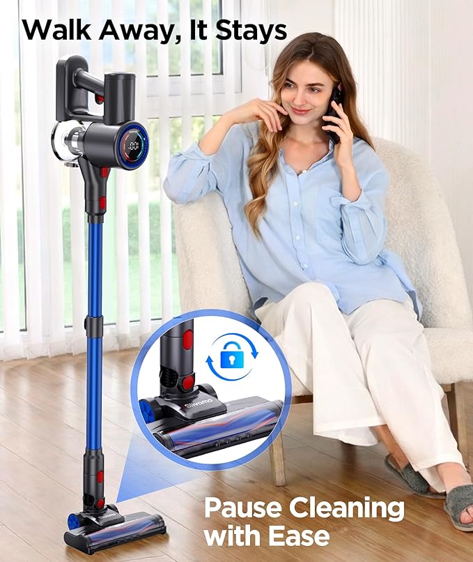 S10 Cordless Vacuum Cleaner, 40KPA/500W/45Mins, LED Display, 8-in-1 Lightweight Stick Vacuum Cleaners for Home with Green LED Light, 6-Stages Filtration, Self-Standing Design, Blue