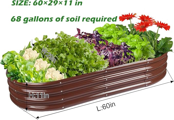 Rakukiri Raised Garden Bed GRS Certified Galvanized Planter Box Outdoor, 5ft Oval Rot-Resistant Metal Garden Bed Planter, Recycled Material Planter for Vegetables Flowers Herbs (Brown)