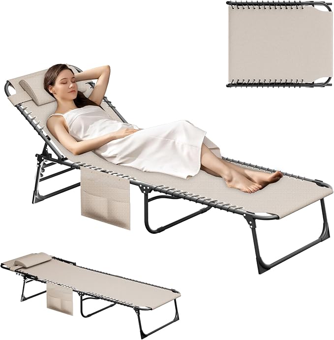 EBE Outdoor Lounge Chair Set of 2, Portable Patio Sun Tanning Chair with 4-Position Reclining Back, Pool Chaise Lounge Chair with Detachable Pillow and Side Pocket for Beach, Poolside, Beige