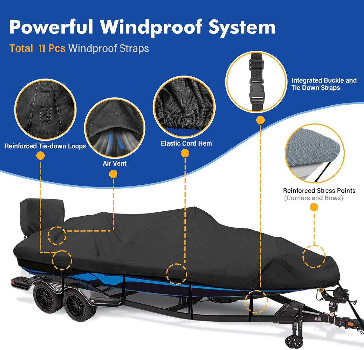 1200D Waterproof Boat Cover - Heavy-Duty Canvas for 14' to 16' Bass, V-Hull & Tri-Hull Boats - Black