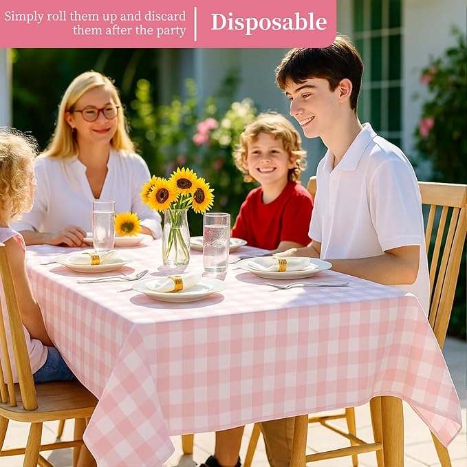 3 Packs Pink Checkered Tablecloth 54x108 Inches Rectangle Gingham Tablecloth Disposable Plastic Waterproof Table Cover for Outdoor Picnic Kitchen and Birthday Party