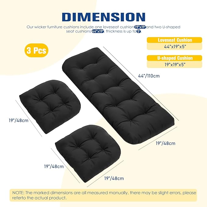 Patio Furniture Cushions Outdoor, Waterproof Wicker Chair Cushions Set of 3, 1 Loveseat & 2 Seat Pads, Thick Outdoor Replacement Cushions for Porch Lawn Bench Couch Sofa Swing, Black