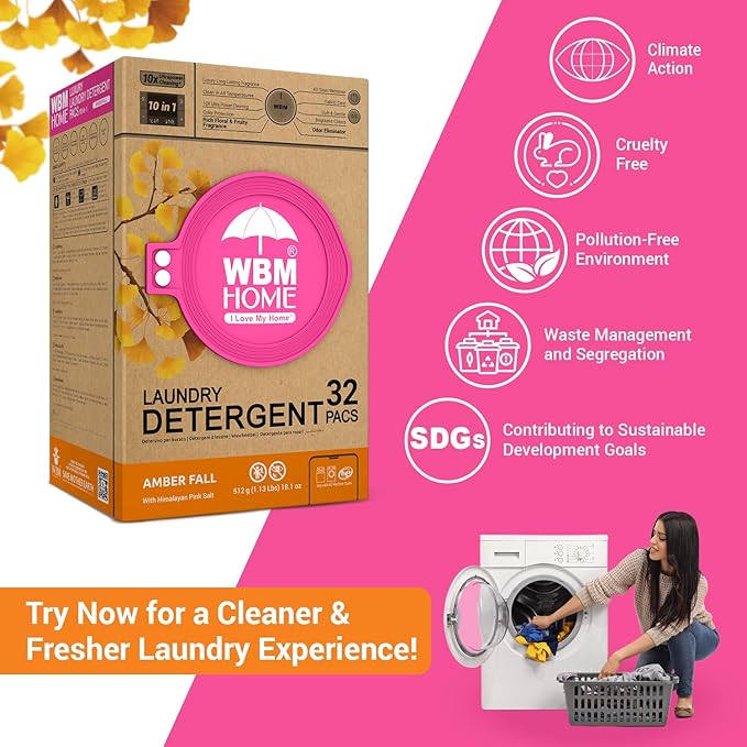 WBM Laundry Detergent Pods, 32 Count | Amber Fall Fragrance | 10 in 1 Laundry pods Detergent Ultra Power Cleaning with Plant-Based Scent, Extra Protection With 4D Stain Remover