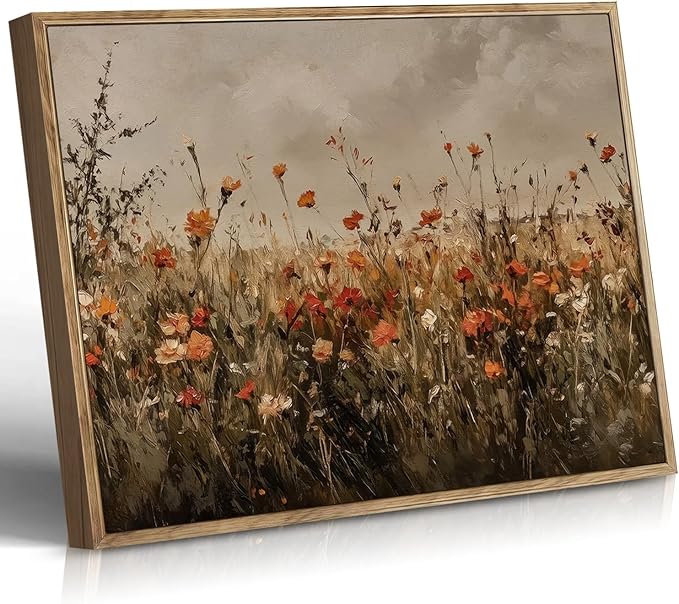 Vintage Canvas Wall Art Red Flowers Wall Decor Landscape Country Wildflowers Painting Farmhouse Picture Modern Print Rustic Floral Prints Living Room Bedroom Bathroom 12x16 Inch Framed