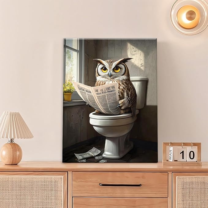 Owl Bathroom Wall Art, Funny Owl Toilet Pictures Wall Decor, Bird Canvas Prints, Animal Painting, Framed Artwork for Bathroom Living Room Bedroom Office Dining Room 20"X16"