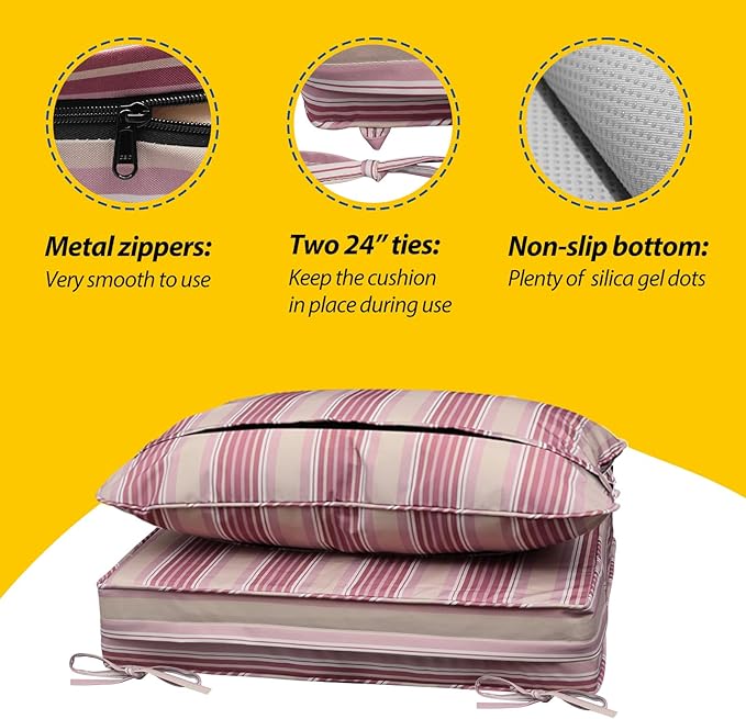 AAAAAcessories Outdoor Seat Cushions for Chairs, Fade-Resistant, Waterproof Patio Furniture Replacement Cushions, 22" x 22" x 3" + 22" x 17", Dusty Rose Garden Stripe