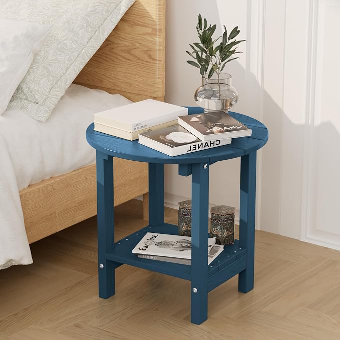 MXIMU Round Outdoor Side Table Adirondack Tables 18 Inch Chairside End Tables with Storage Shelf, 2-Tier Plastic Patio Side Table for Balcony Backyard Lawn (Navy, 1 Pack)