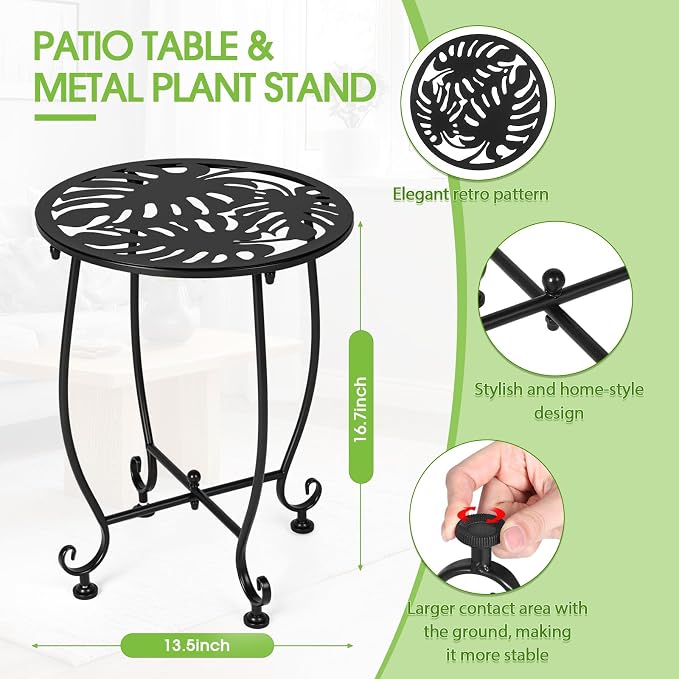 Thyle 2 Pcs Outdoor Side Table with Flower Cutout 13" Metal Small Round Weather Resistant Patio Side Tables for Outside, Balcony, Porch, Garden Bistro Indoor Outdoor Yard(Monstera Leaf)