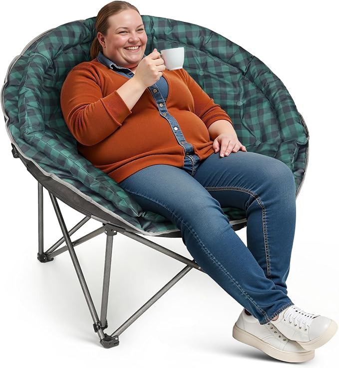 Oversized XXL Folding Round Camping Chair,Super Comfy Padded Moon Camp Chairs,Heavy Duty Supports 200 Kg Outdoor Lawn Chairs for Adults,Perfect for Indoor,Family Camping,Hiking,Picnics and Garden